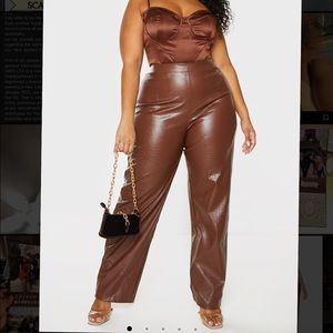 Feaux Leather Brown Wide Leg Pants